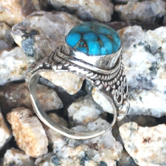 Blue Copper Turquoise .925 Ring Ornate Silver - Picture 5 of 16